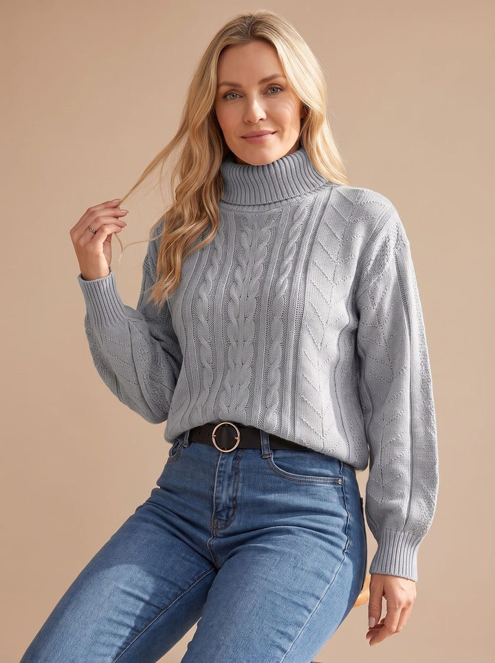 Damen Zopfmuster-Pullover mit Rollkragen Ballonärmeln
