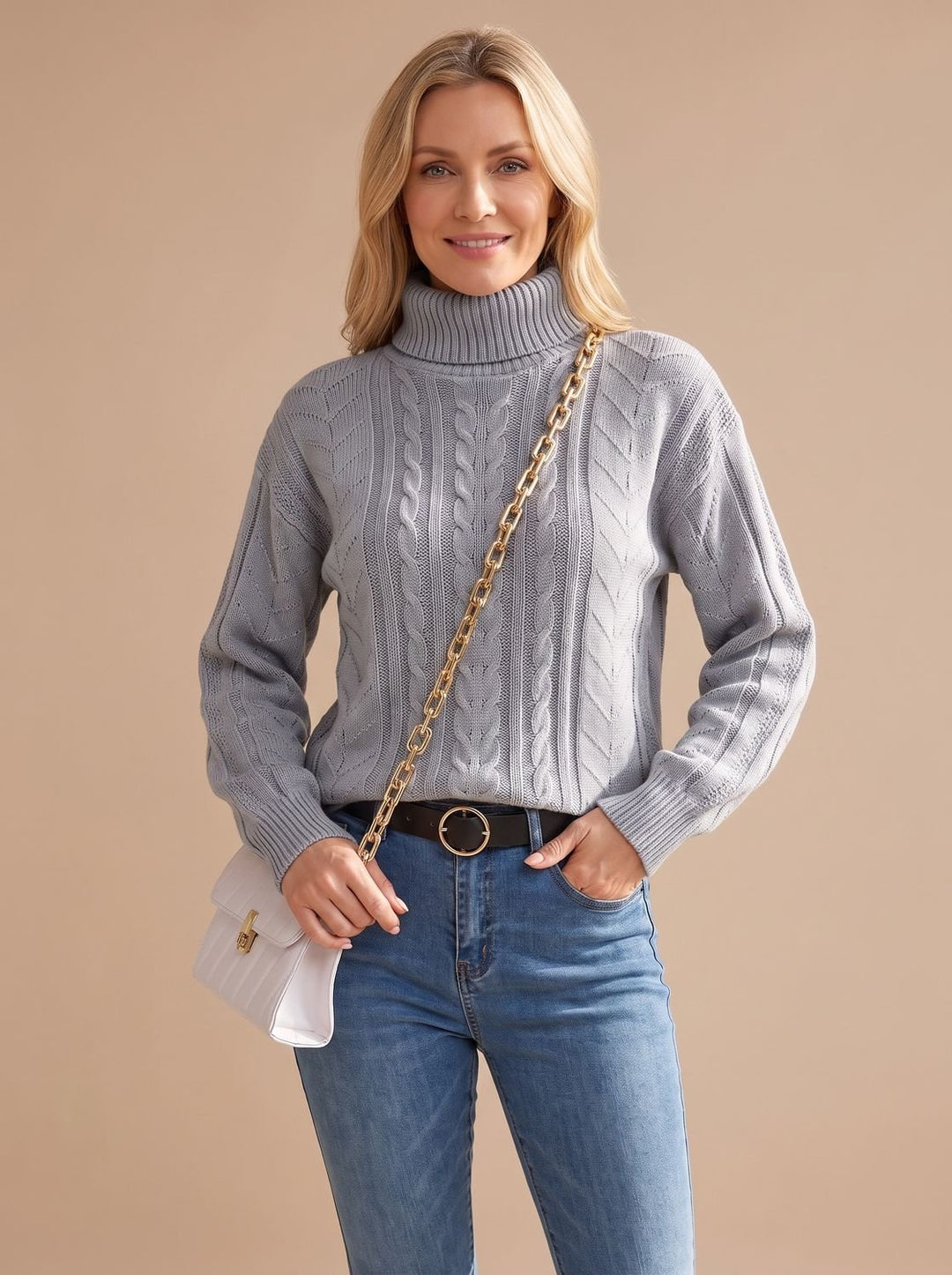 Damen Zopfmuster-Pullover mit Rollkragen Ballonärmeln