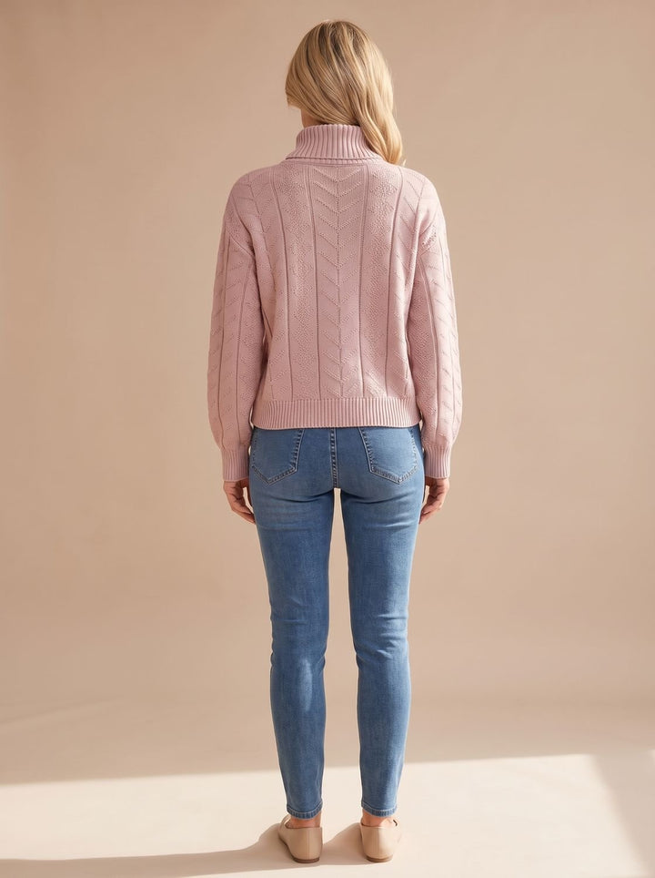 Damen Zopfmuster-Pullover mit Rollkragen Ballonärmeln