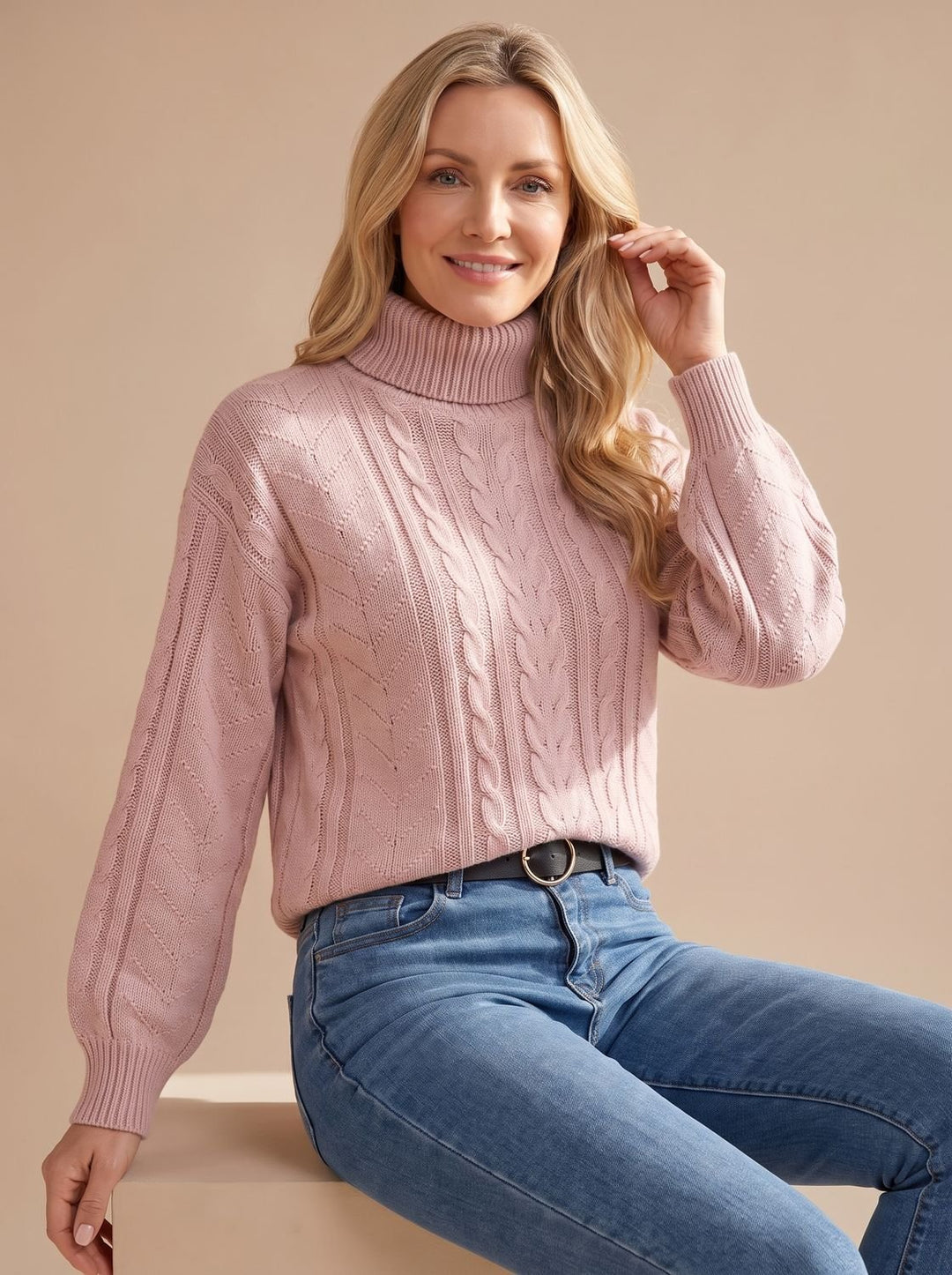 Damen Zopfmuster-Pullover mit Rollkragen Ballonärmeln - Rosa
