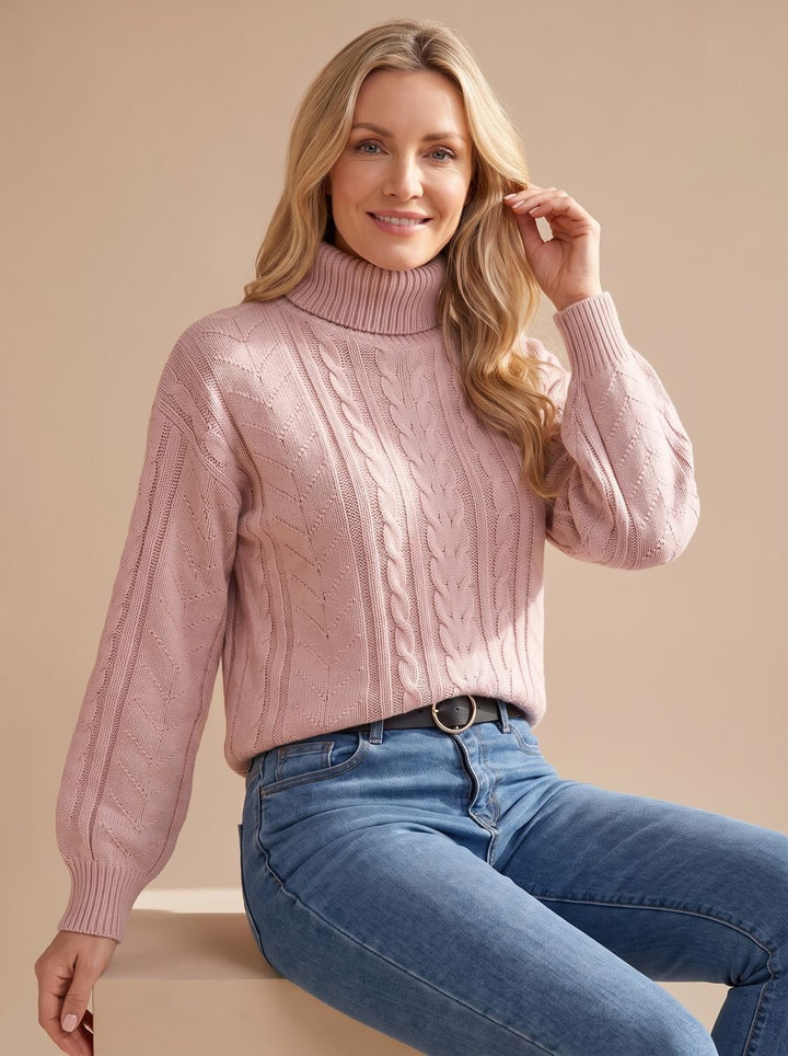 Damen Zopfmuster-Pullover mit Rollkragen Ballonärmeln - Rosa