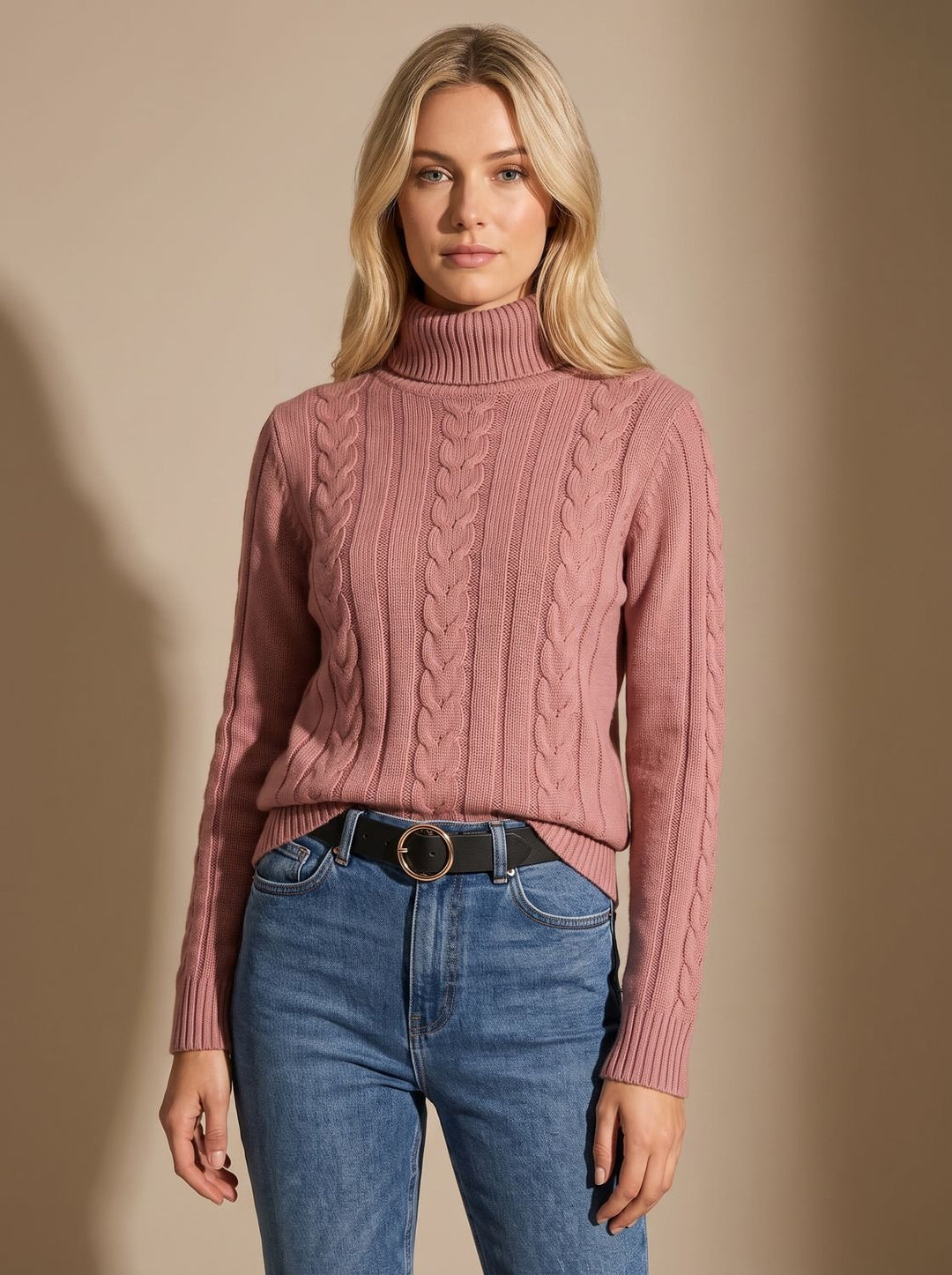 Damen Zopfmuster-Pullover mit Rollkragen Ballonärmeln