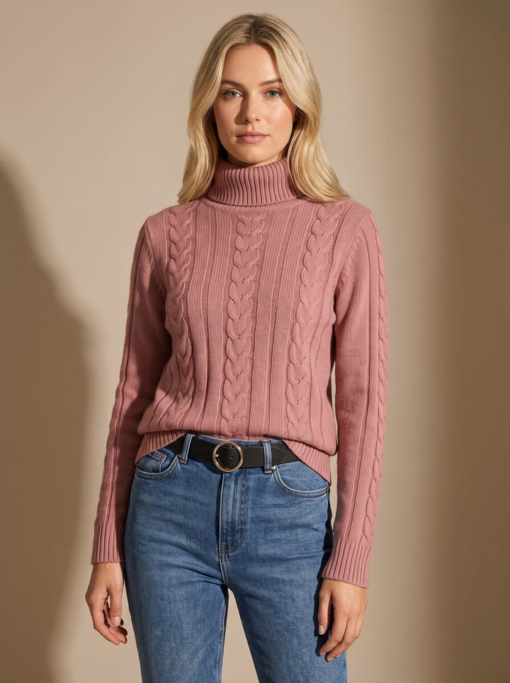 Damen Zopfmuster-Pullover mit Rollkragen Ballonärmeln