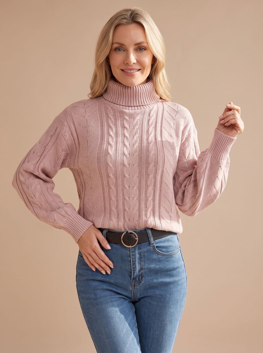 Damen Zopfmuster-Pullover mit Rollkragen Ballonärmeln