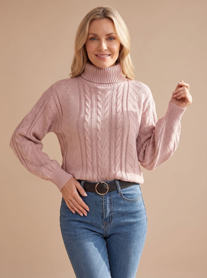 Damen Zopfmuster-Pullover mit Rollkragen Ballonärmeln