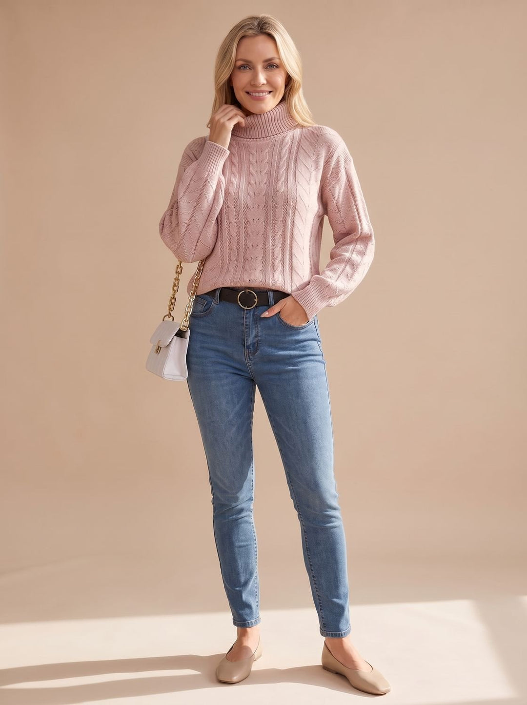 Damen Zopfmuster-Pullover mit Rollkragen Ballonärmeln