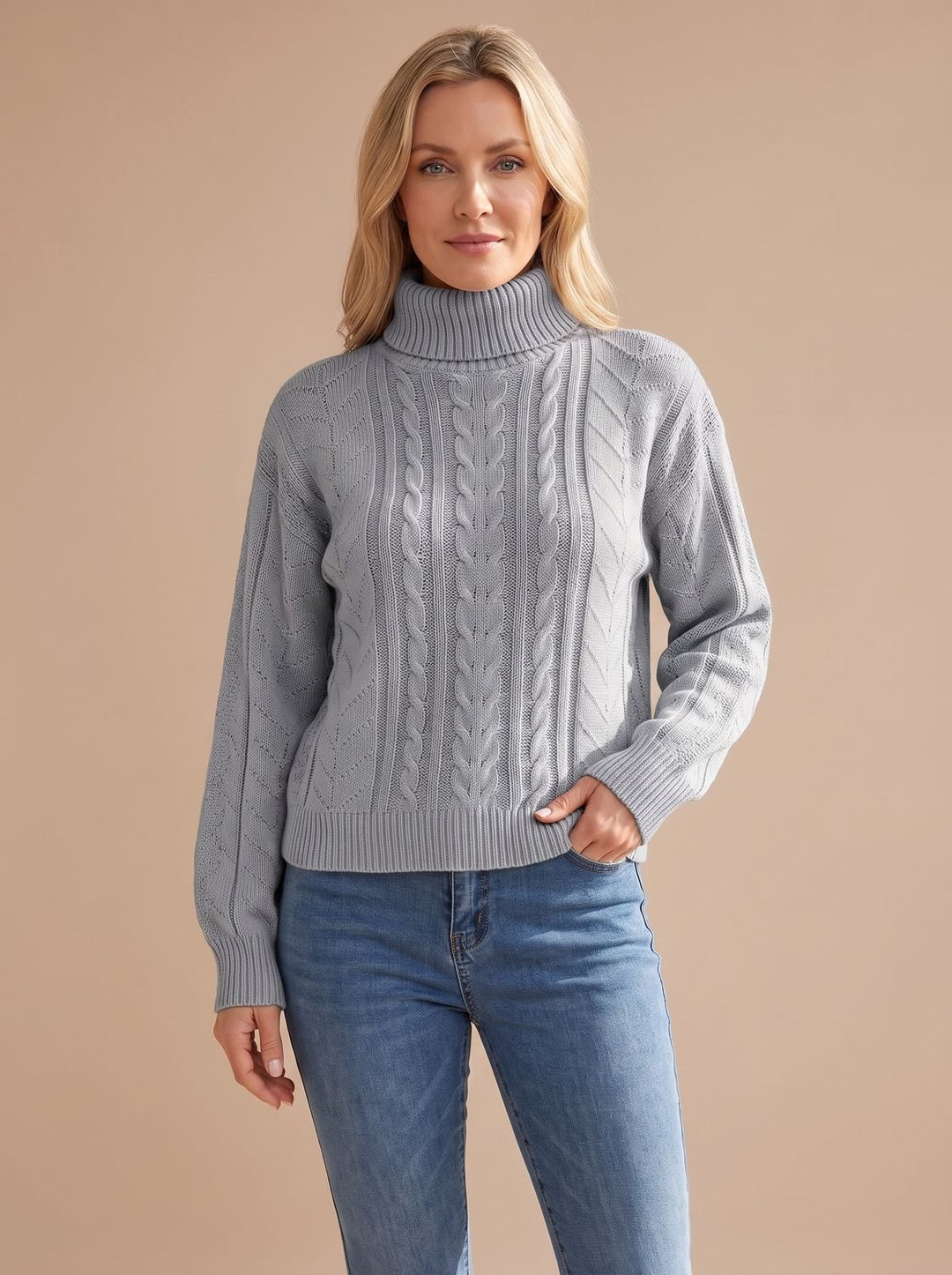 Damen Zopfmuster-Pullover mit Rollkragen Ballonärmeln