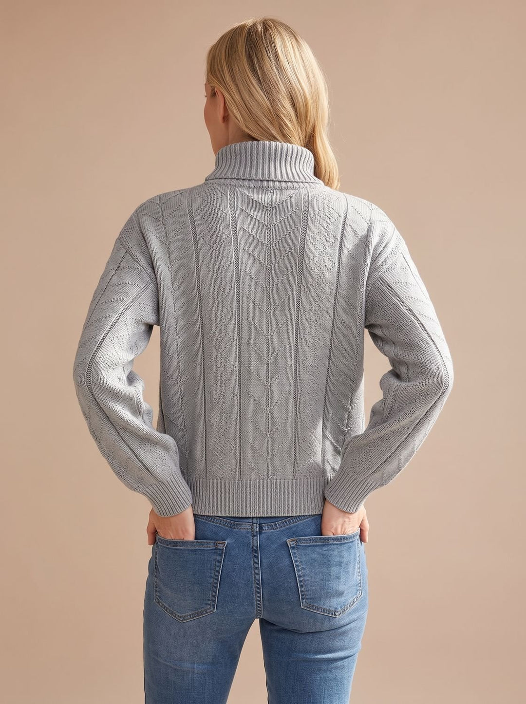 Damen Zopfmuster-Pullover mit Rollkragen Ballonärmeln