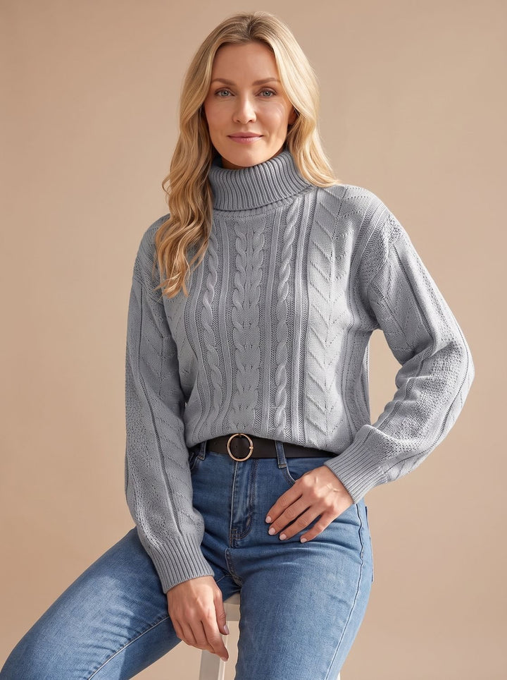 Damen Zopfmuster-Pullover mit Rollkragen Ballonärmeln - Grau
