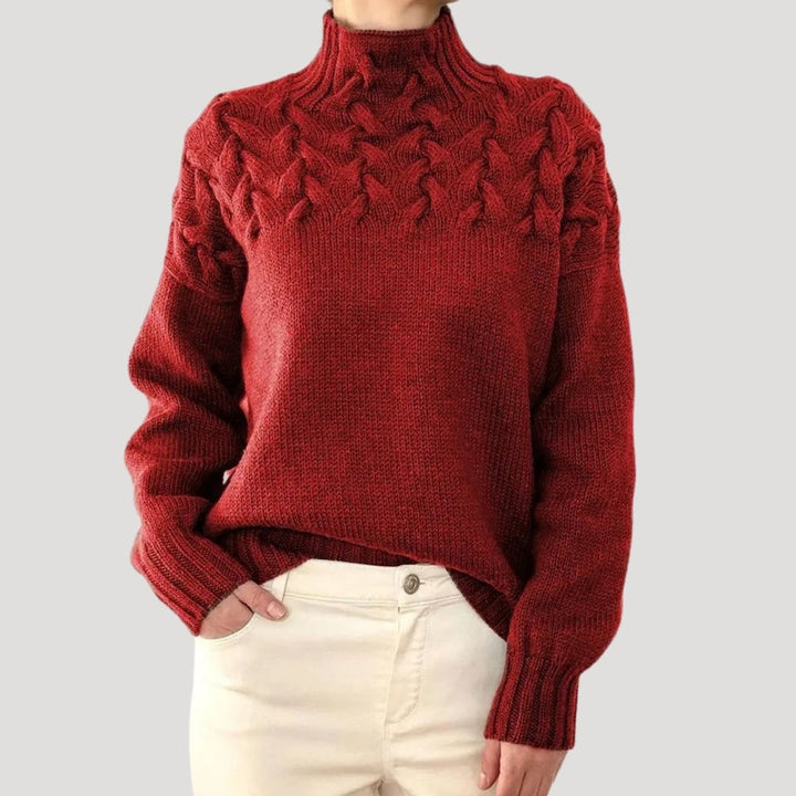 Damen Zopfmuster Rollkragen Strick Sweater - Red