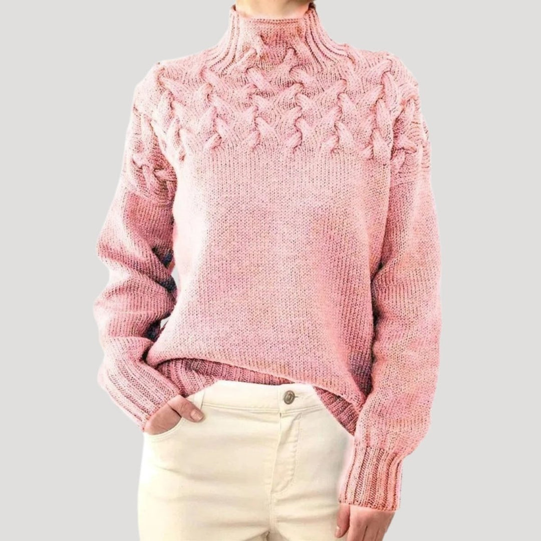 Damen Zopfmuster Rollkragen Strick Sweater - Light Pink