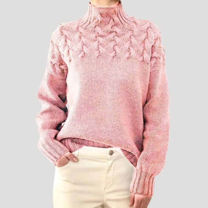 Damen Zopfmuster Rollkragen Strick Sweater - Light Pink
