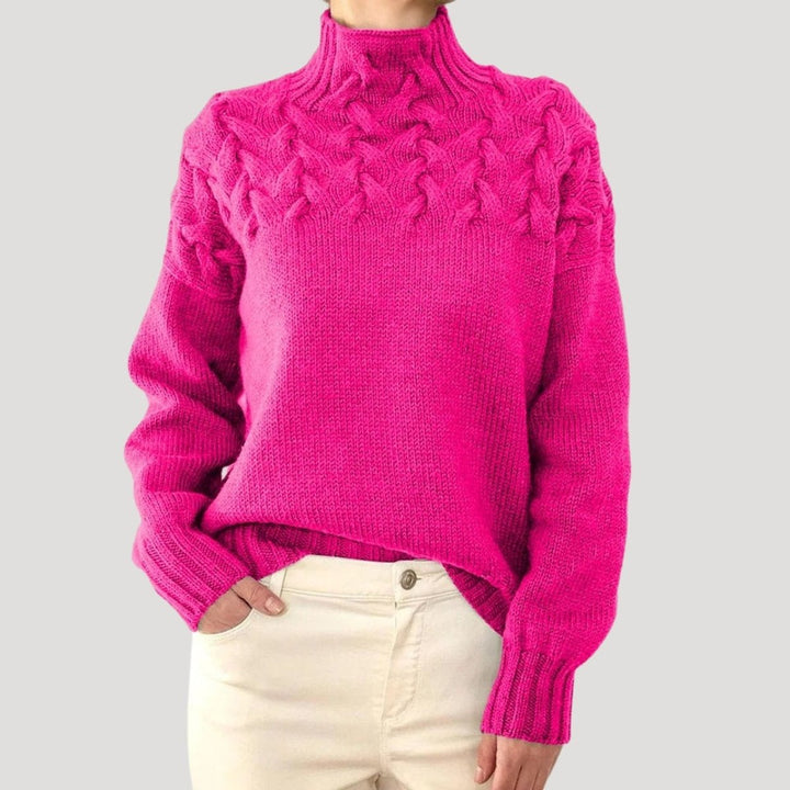 Damen Zopfmuster Rollkragen Strick Sweater - Pink