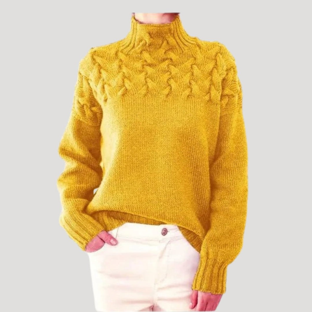 Damen Zopfmuster Rollkragen Strick Sweater - Yellow