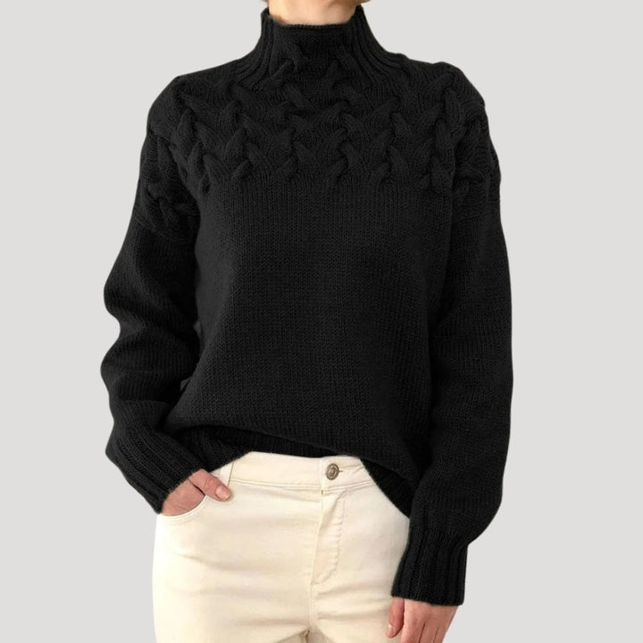 Damen Zopfmuster Rollkragen Strick Sweater - Black