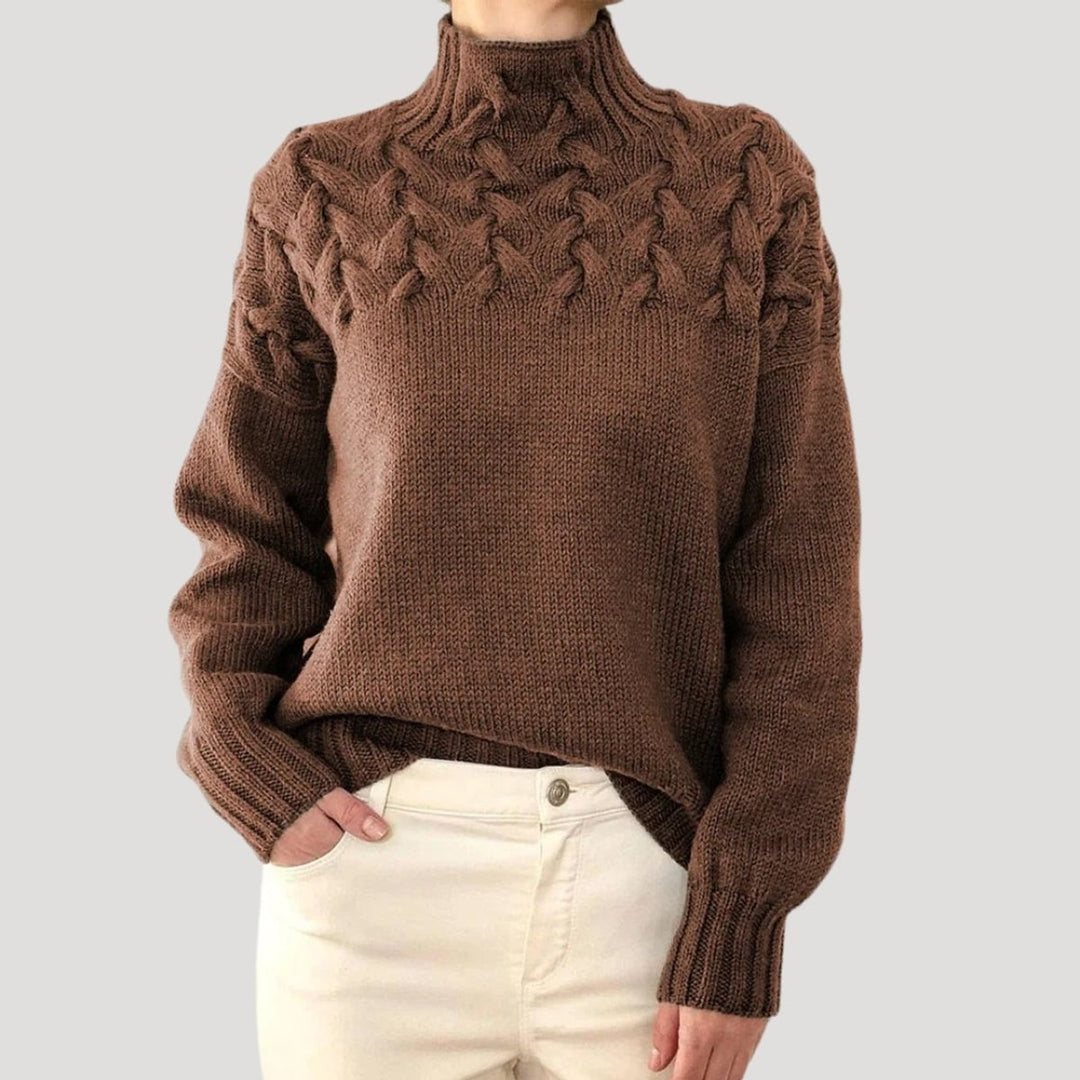 Damen Zopfmuster Rollkragen Strick Sweater - Brown