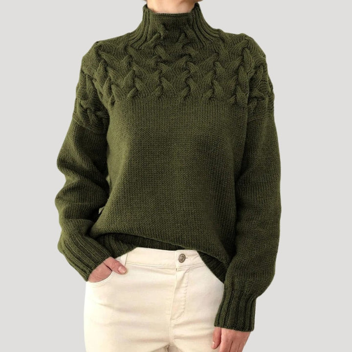 Damen Zopfmuster Rollkragen Strick Sweater - Dark Green