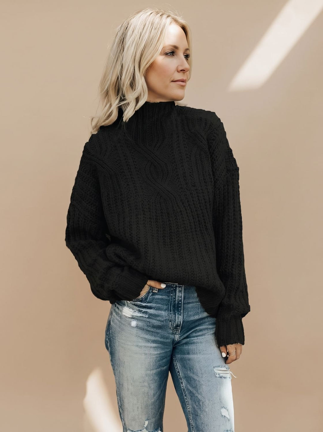 Damen Zopfmuster Rollkragenpullover Lockerer Strickpullover - Schwarz