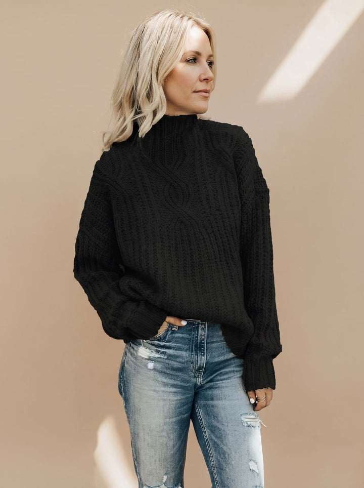 Damen Zopfmuster Rollkragenpullover Lockerer Strickpullover - Schwarz