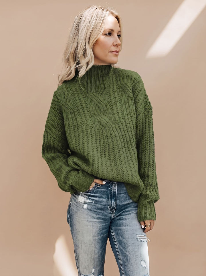 Damen Zopfmuster Rollkragenpullover Lockerer Strickpullover - Grün