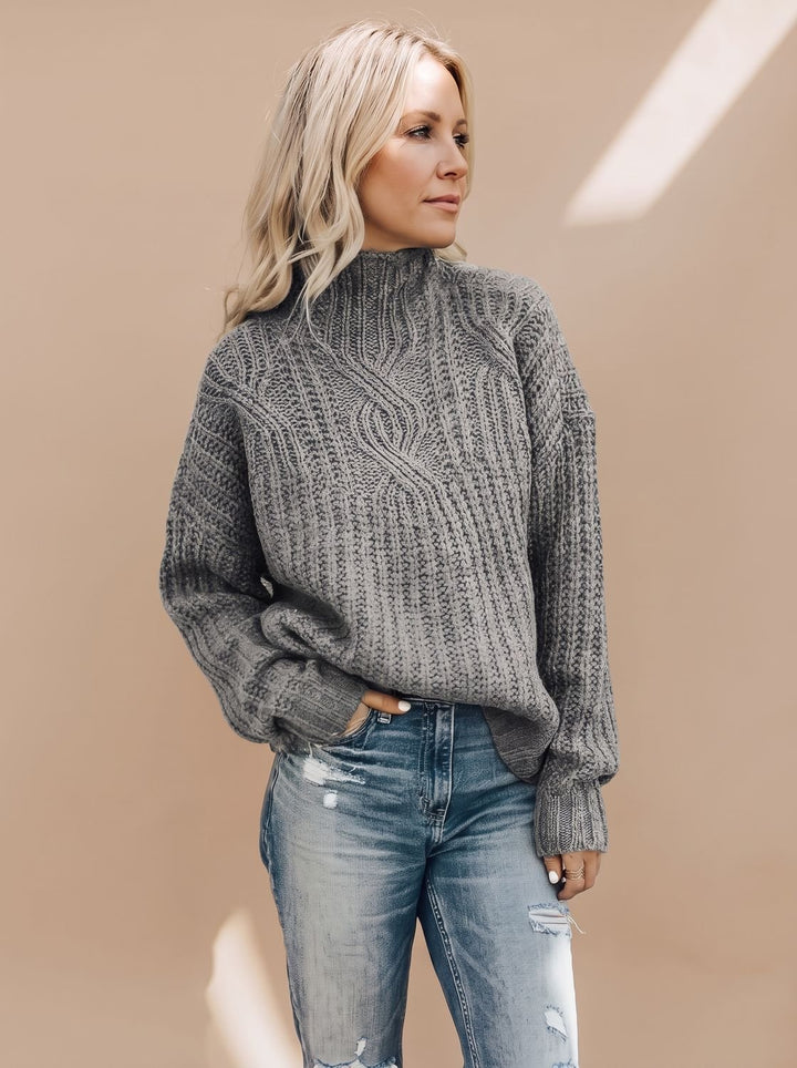 Damen Zopfmuster Rollkragenpullover Lockerer Strickpullover - Grau