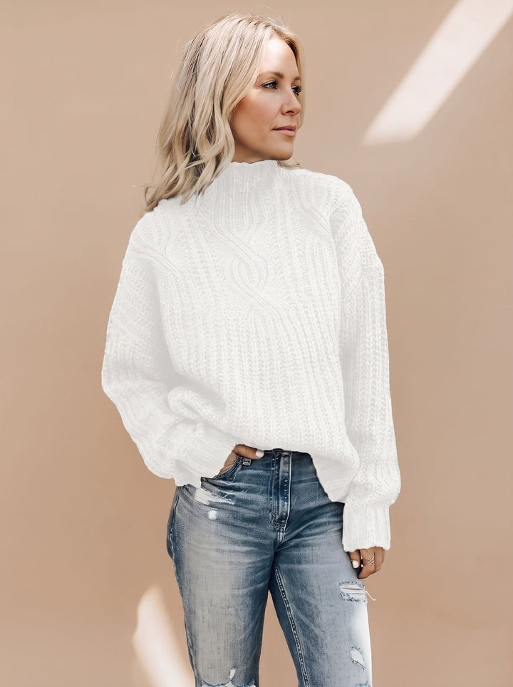 Damen Zopfmuster Rollkragenpullover Lockerer Strickpullover - Weiß