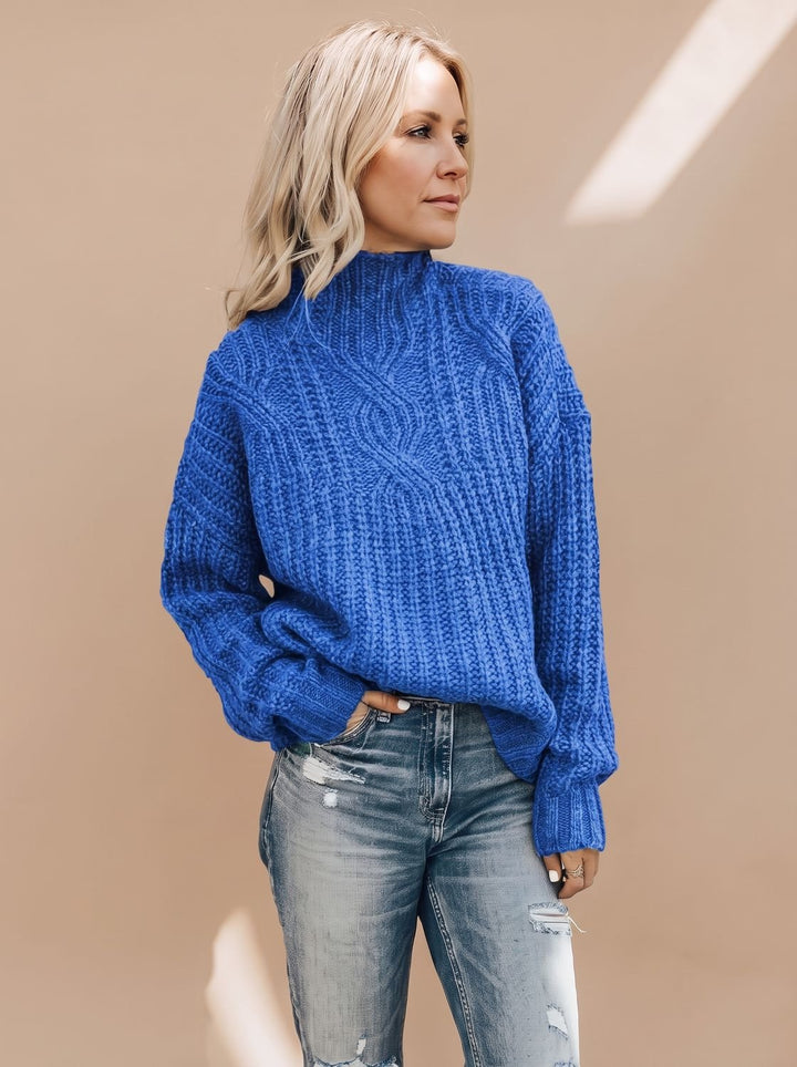 Damen Zopfmuster Rollkragenpullover Lockerer Strickpullover - Blau