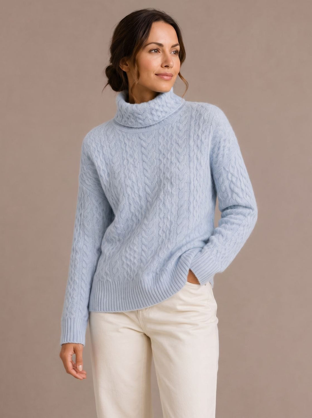 Damen Zopfmuster Rollkragenpullover Oversize Strickpullover - Blau
