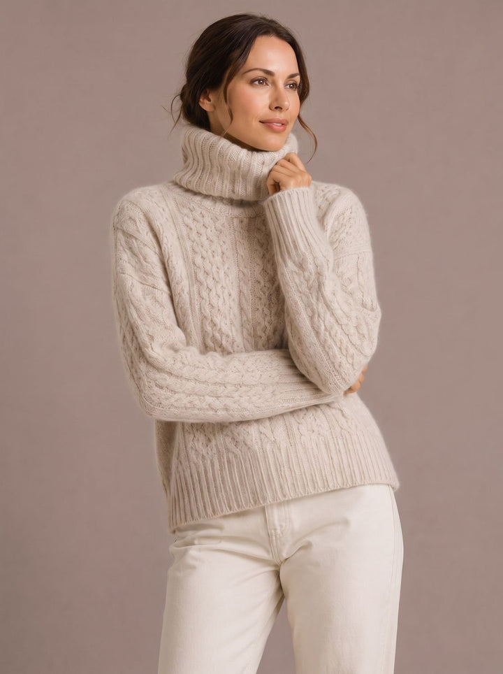 Damen Zopfmuster Rollkragenpullover Oversize Strickpullover - Beige