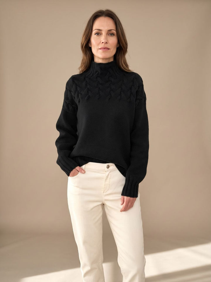 Damen Zopfmuster Rollkragenpullover Weihnachtspullover mit Strukturstrick - Schwarz