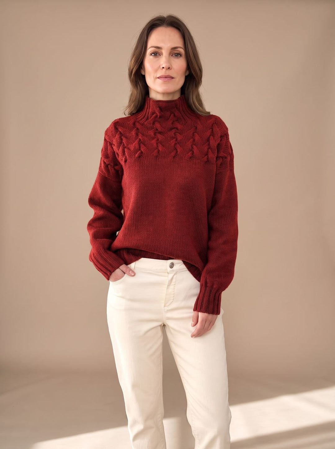 Damen Zopfmuster Rollkragenpullover Weihnachtspullover mit Strukturstrick - Rot