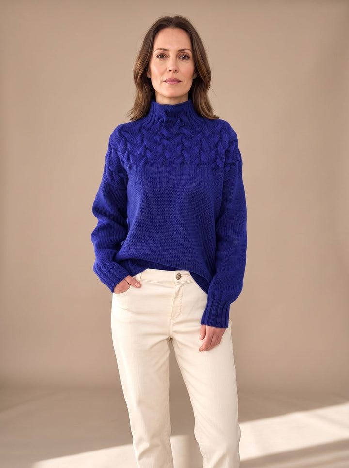 Damen Zopfmuster Rollkragenpullover Weihnachtspullover mit Strukturstrick - Blau