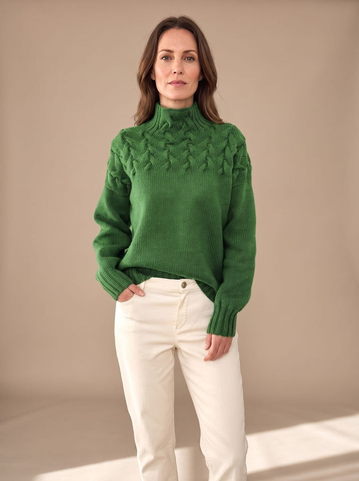 Damen Zopfmuster Rollkragenpullover Weihnachtspullover mit Strukturstrick - Grün