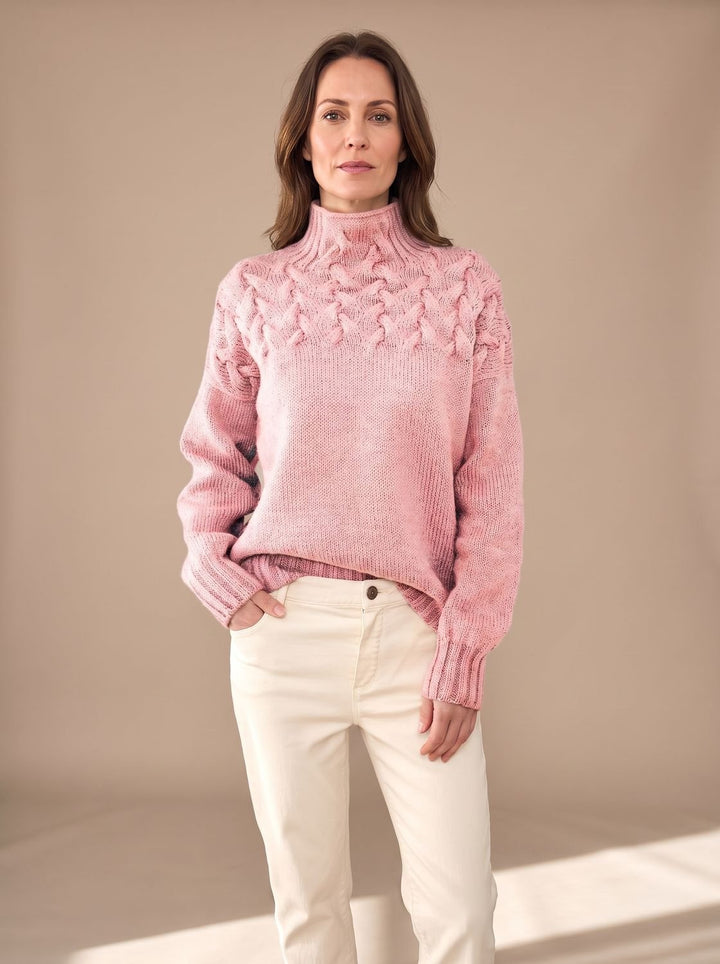Damen Zopfmuster Rollkragenpullover Weihnachtspullover mit Strukturstrick - Hellrosa
