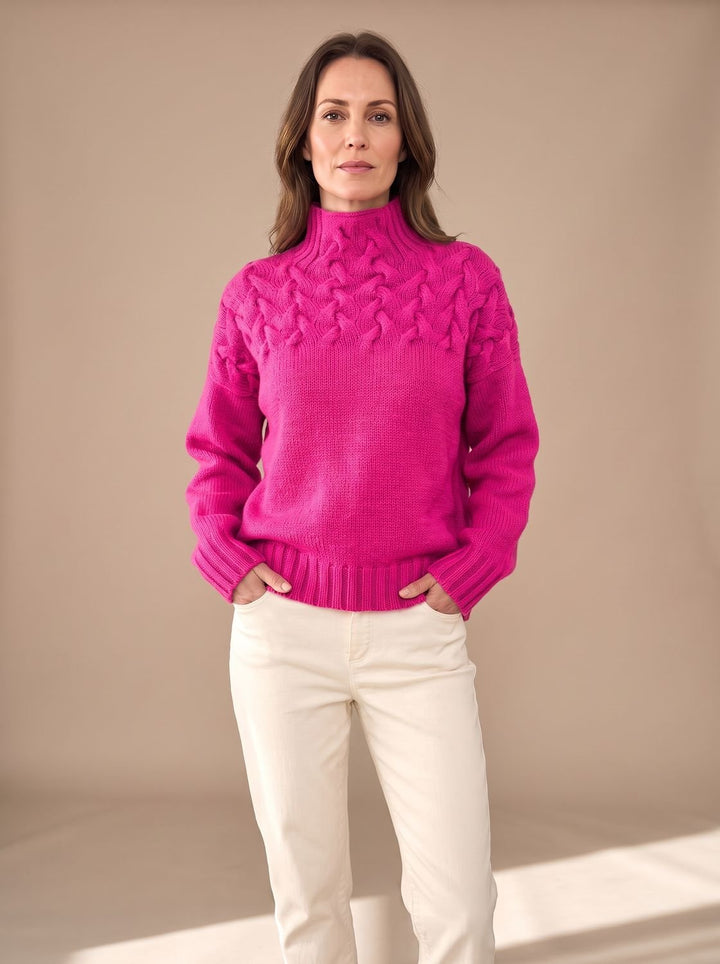 Damen Zopfmuster Rollkragenpullover Weihnachtspullover mit Strukturstrick - Rosa