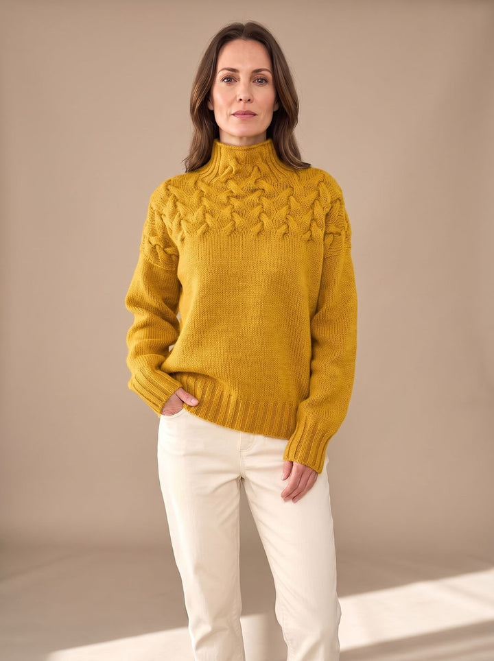 Damen Zopfmuster Rollkragenpullover Weihnachtspullover mit Strukturstrick - Gelb