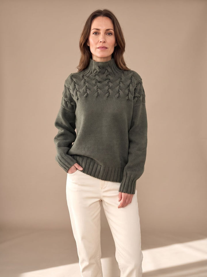 Damen Zopfmuster Rollkragenpullover Weihnachtspullover mit Strukturstrick - Grau