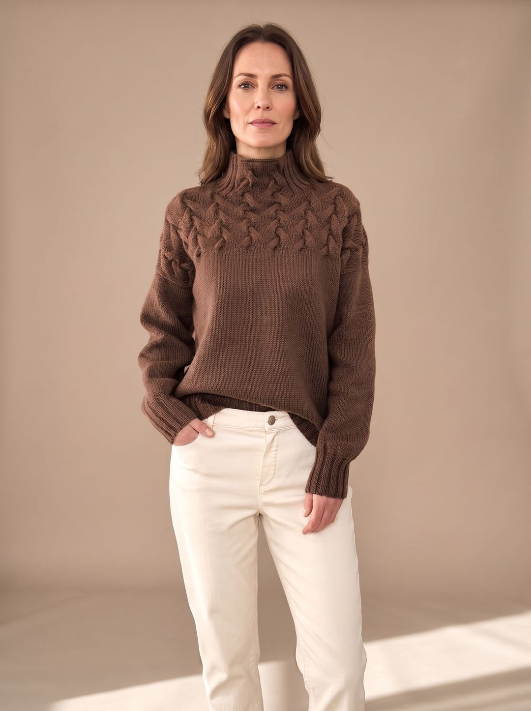 Damen Zopfmuster Rollkragenpullover Weihnachtspullover mit Strukturstrick - Braun