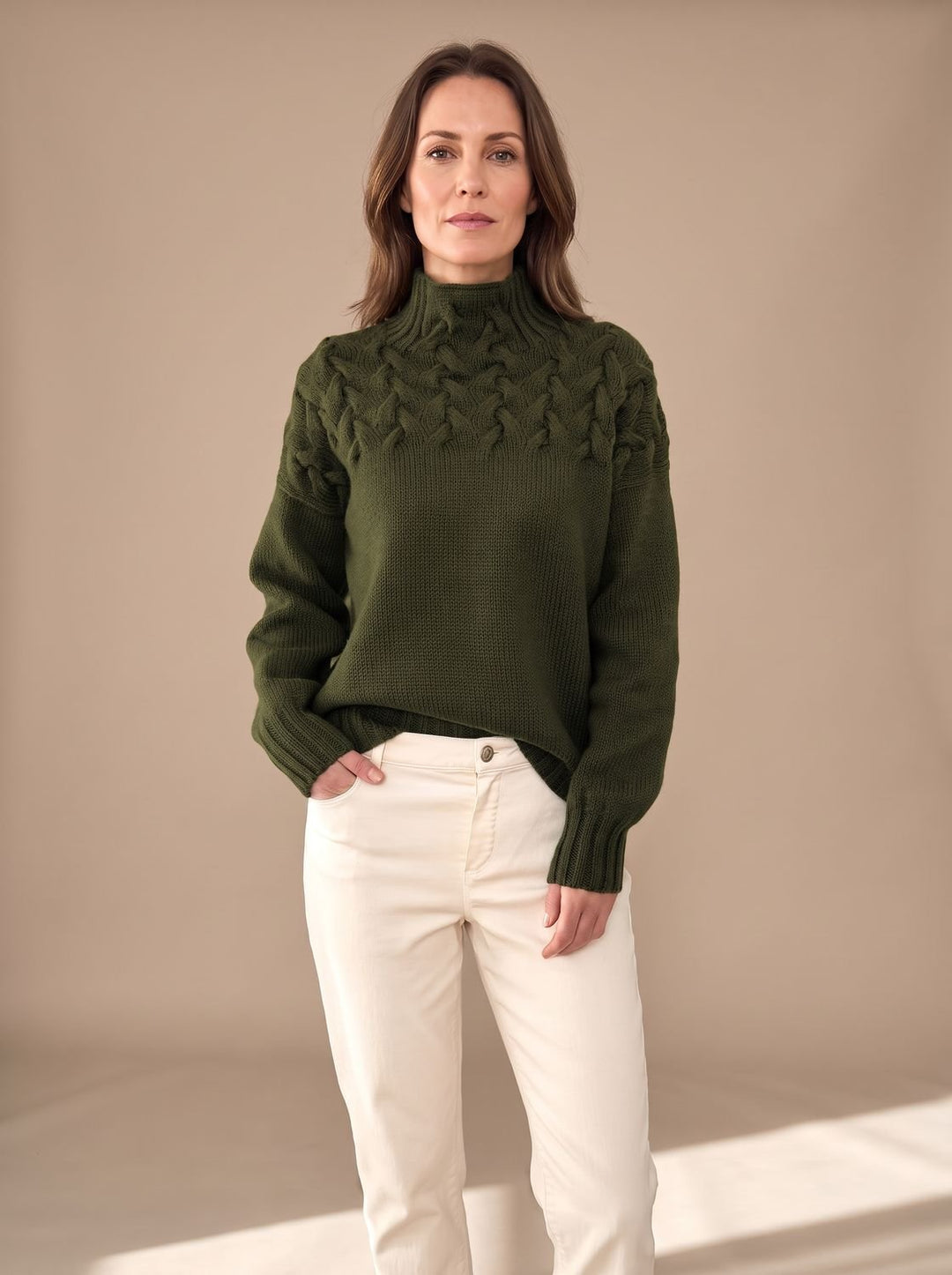 Damen Zopfmuster Rollkragenpullover Weihnachtspullover mit Strukturstrick - Dunkelgrün