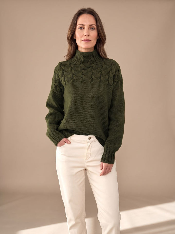 Damen Zopfmuster Rollkragenpullover Weihnachtspullover mit Strukturstrick - Dunkelgrün