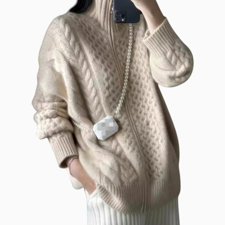 Damen Zopfmuster-Strickpullover mit Reißverschluss Oversize - Beige