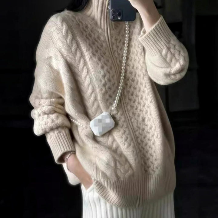 Damen Zopfmuster-Strickpullover mit Reißverschluss Oversize