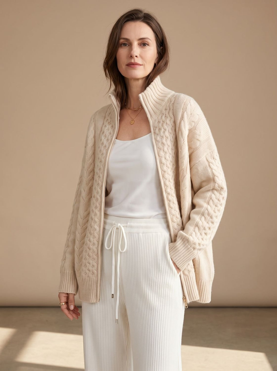 Damen Zopfmuster-Strickpullover mit Reißverschluss Oversize