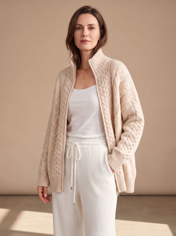 Damen Zopfmuster-Strickpullover mit Reißverschluss Oversize