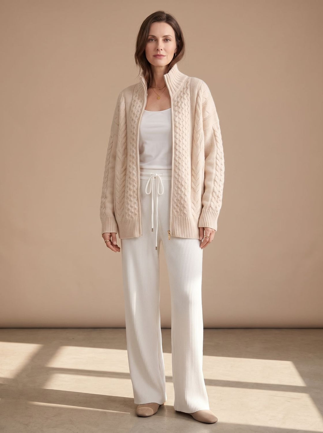 Damen Zopfmuster-Strickpullover mit Reißverschluss Oversize