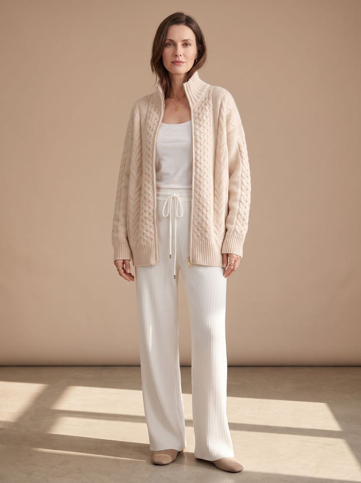 Damen Zopfmuster-Strickpullover mit Reißverschluss Oversize