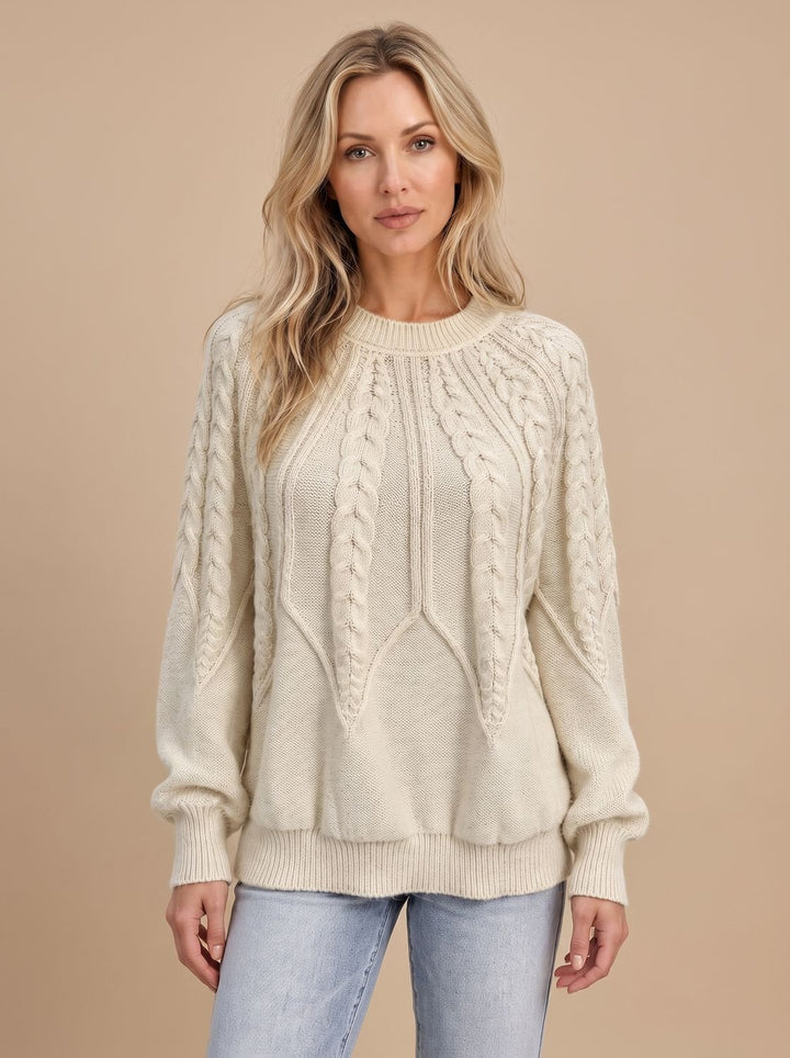 Damen Zopfmuster-Strickpullover mit Rundhalsausschnitt und Ballonärmeln - Beige