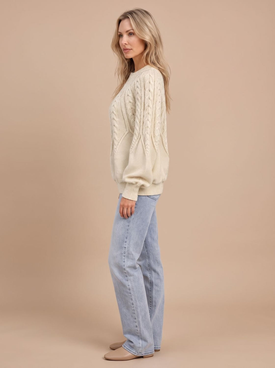 Damen Zopfmuster-Strickpullover mit Rundhalsausschnitt und Ballonärmeln