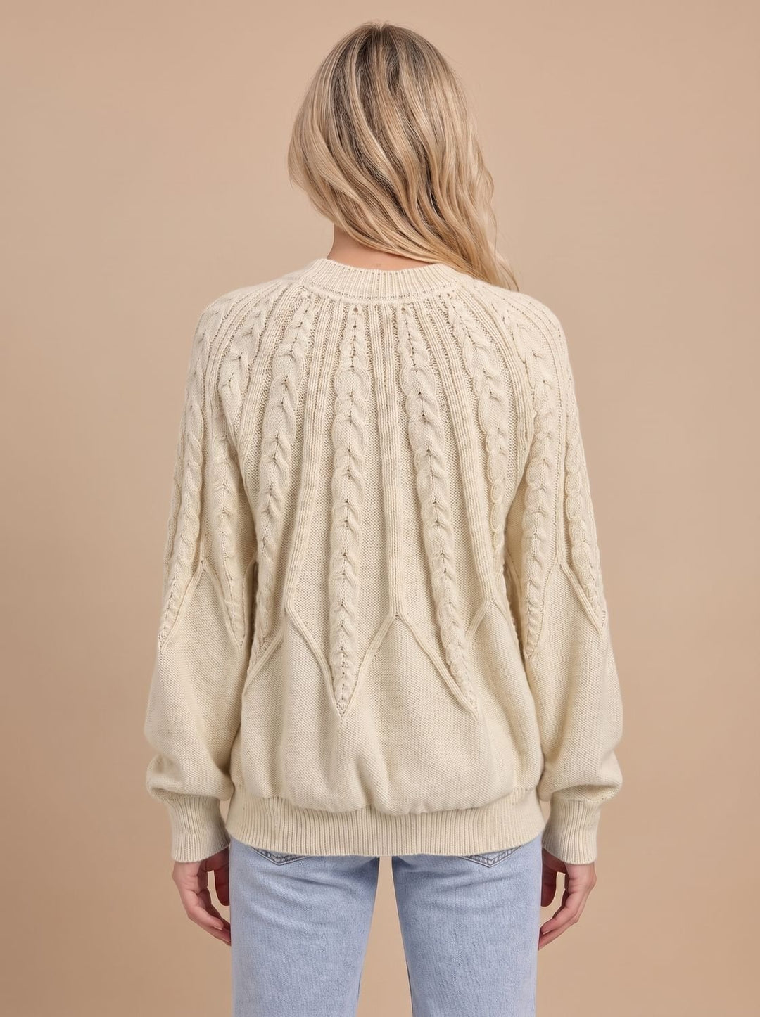 Damen Zopfmuster-Strickpullover mit Rundhalsausschnitt und Ballonärmeln