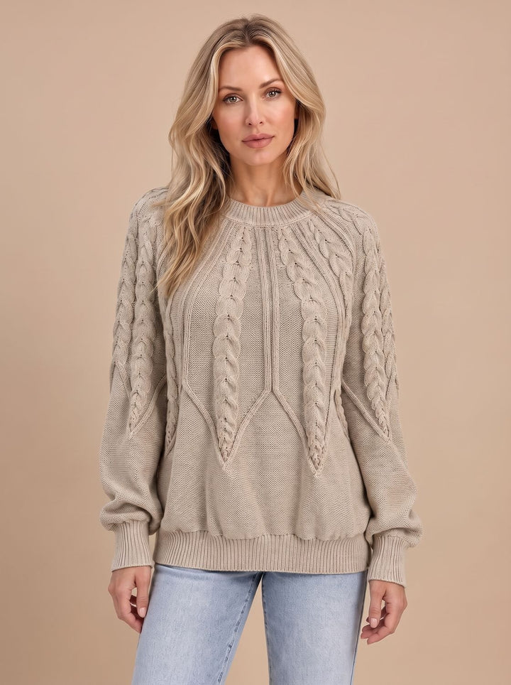 Damen Zopfmuster-Strickpullover mit Rundhalsausschnitt und Ballonärmeln - Khaki
